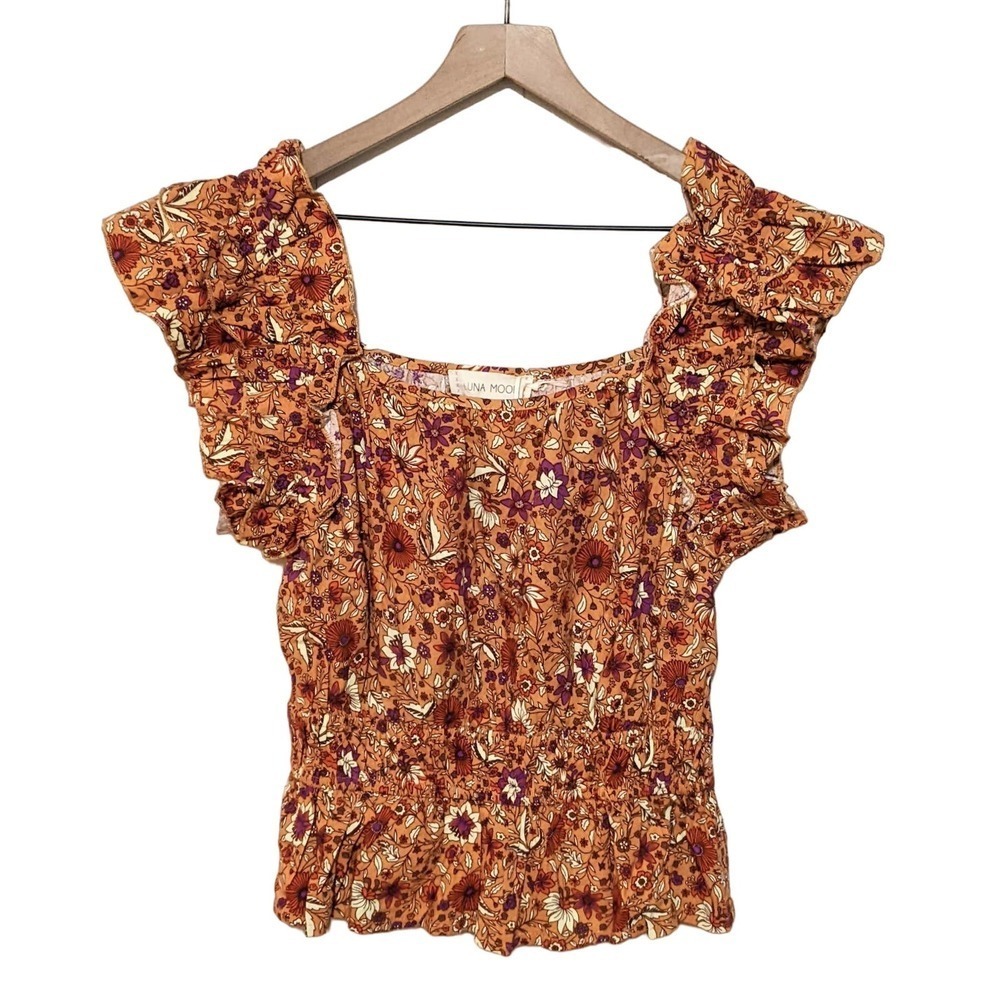 Luna Moon Womens Floral Ruffle Sleeve Peplum Top Size L Orange Blouse Crop NWT